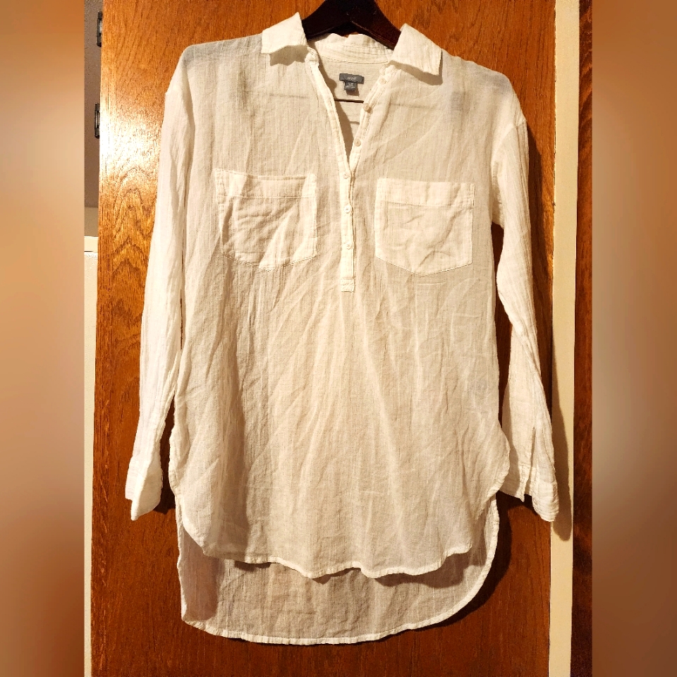 Popover Cover Up Shirt Womens Xs White Lightweight Cotton Long Sleeve K23
